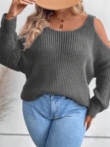 SHEIN LUNE Plus Size Women Black Open Shoulder Long Sleeve Loose Sweater, Autumn Long Sweater - Light Grey - View 3