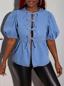 SHEIN SXY Women's Sexy Denim Blouse With Tie-Up Puff Sleeves, Blue,