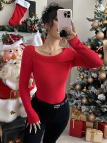 Chiquease Elegant French Style Solid Color Asymmetrical Neck Fitted Sweater, Autumn, Knit Pullover Fall Winter - Red - View 1