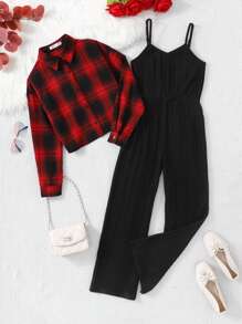 Tween Girls 2pcs Set: Casual Plaid Long Sleeve Collared Shirt And Jumpsuit Pants, Comfortable & Versatile