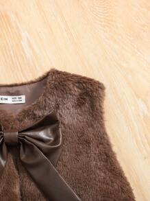 SHEIN Tween Girl 3 件套服装：罗纹立领长袖修身 T 恤、PU 褶裙、蓬松蝴蝶结装饰开衫，适合户外穿着