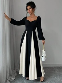 Rafferiza Robe longue femme élégante en patchwork à manches longues en contraste noir et blanc - Noir - Voir 4