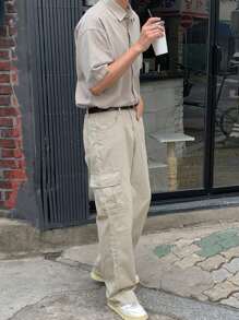 DAZY Quần dài ống rộng dáng rộng màu trơn đơn sắc cho nam Quần chạy bộ nam - Màu be - Xem 6