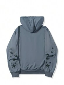 Chillumni Men's Autumn Letter & Star Print Long Sleeve Drawstring Hooded Zipper Casual Sweatshirt - Dark Grey - View 2