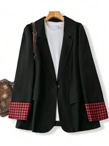 SHEIN LUNE Plus Size Women Patchwork Plaid Lapel Collar Long Sleeve Casual Blazer Jacket, Autumn