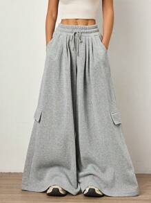 SHEIN Unity Women's Grey Low Waist Baggy Sweatpants. With Drawstring Tie Waist Side Pockets Pleated Design Side Pocket. Super Baggy And Oversized. Everyday Essentials. - Grey - View 4