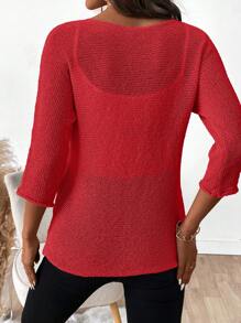 SHEIN LUNE Áo len lưới cổ tròn màu trơn thường ngày - Đỏ - Xem 2