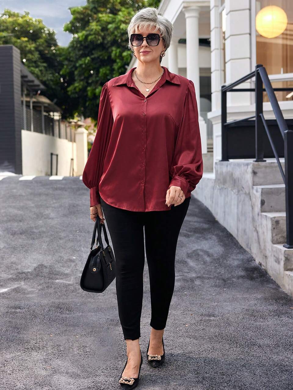 Plus Size Elegant Burgundy Lantern Sleeve Shirt, Winter Button Up Shirt