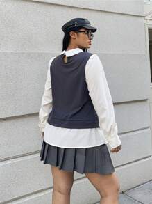 Flirla Preppy Style Campus Return Minimalist Matching Gray With White Patchwork Long Sleeve Shirt, Autumn/Winter - Grey - View 4