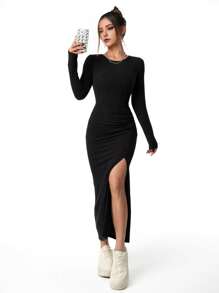 Elegant Casual Black High Slit Long Dress, Pleated Velvet Fabric, Suitable For Family Gathering, Autumn/Winter, Teenage Girls