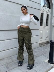Flirla Plus Size Casual Solid Color Pants With Elastic Waist Flare Leg - Army Green - View 5