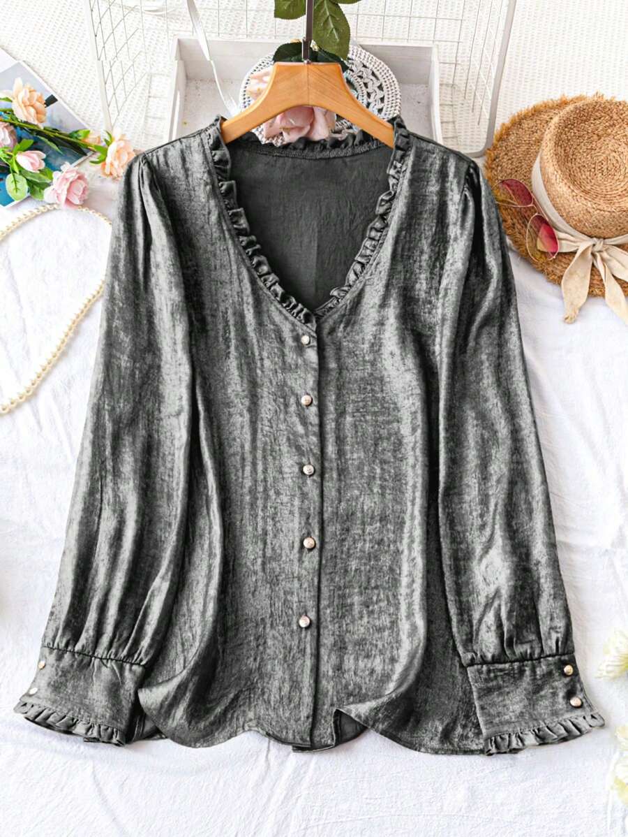 SHEIN LUNE Áo cánh tay dài cổ chữ V viền ren kim loại cỡ lớn - màu đen - Xem 1