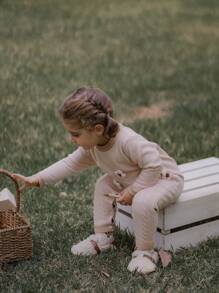 SHEIN Baby Girl Cable 3D Embroidered Ruffled Collar Romper Suitable For Autumn/Winter - Beige - View 5