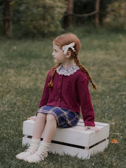 SHEIN 2pcs/Set Young Girl Casual Solid Long Sleeve Top & Plaid Lace Patchwork Dress, Autumn