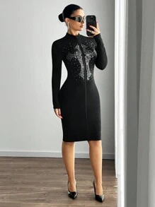 SHEIN ICON Cross Rhinestone Decor Zip-Up Mid-Long Fitted Dress - Black - View 6