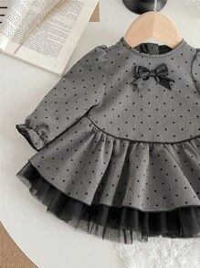 SHEIN 女婴长袖圆领碎花波点公主裙，春秋季女婴灰色连衣裙 - 灰色 - 查看 5