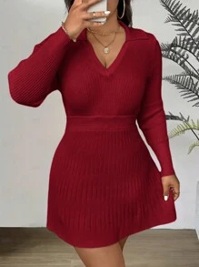 Celure Plus Size Women's Waist-Cinched Fitted Polo Collar Long Sleeve Knit Dress For New Year Clothes, For Winter - Red - View 4