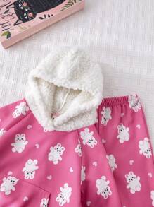 Cozy Pixies 2 pezzi/Set, maglioncino con cappuccio e pantaloni jogger, stampa coniglietto per bebè ragazza, abbigliamento invernale foderato termico
