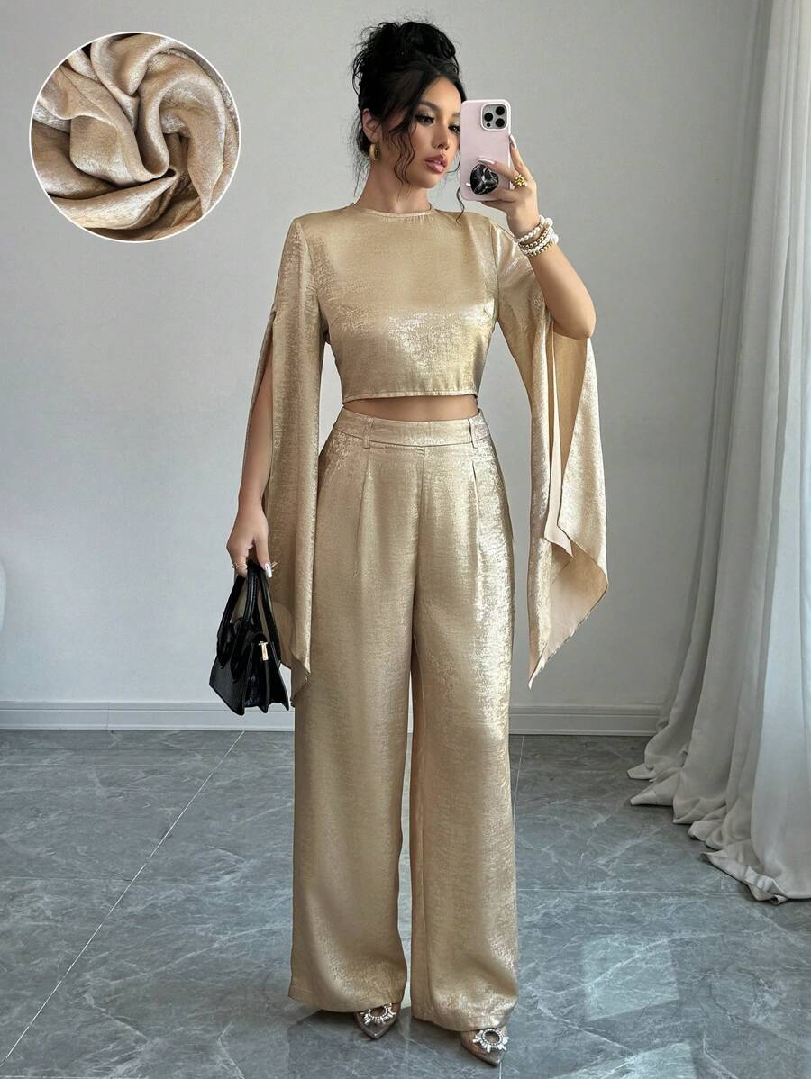 Chiquease 女士花式鸡尾酒会俱乐部郊游圣诞新年假期优雅闪亮金色亮片圆领喇叭袖短款上衣 + 直筒裤口袋 2 件套新年假期派对服装 - 金色 - 查看 1