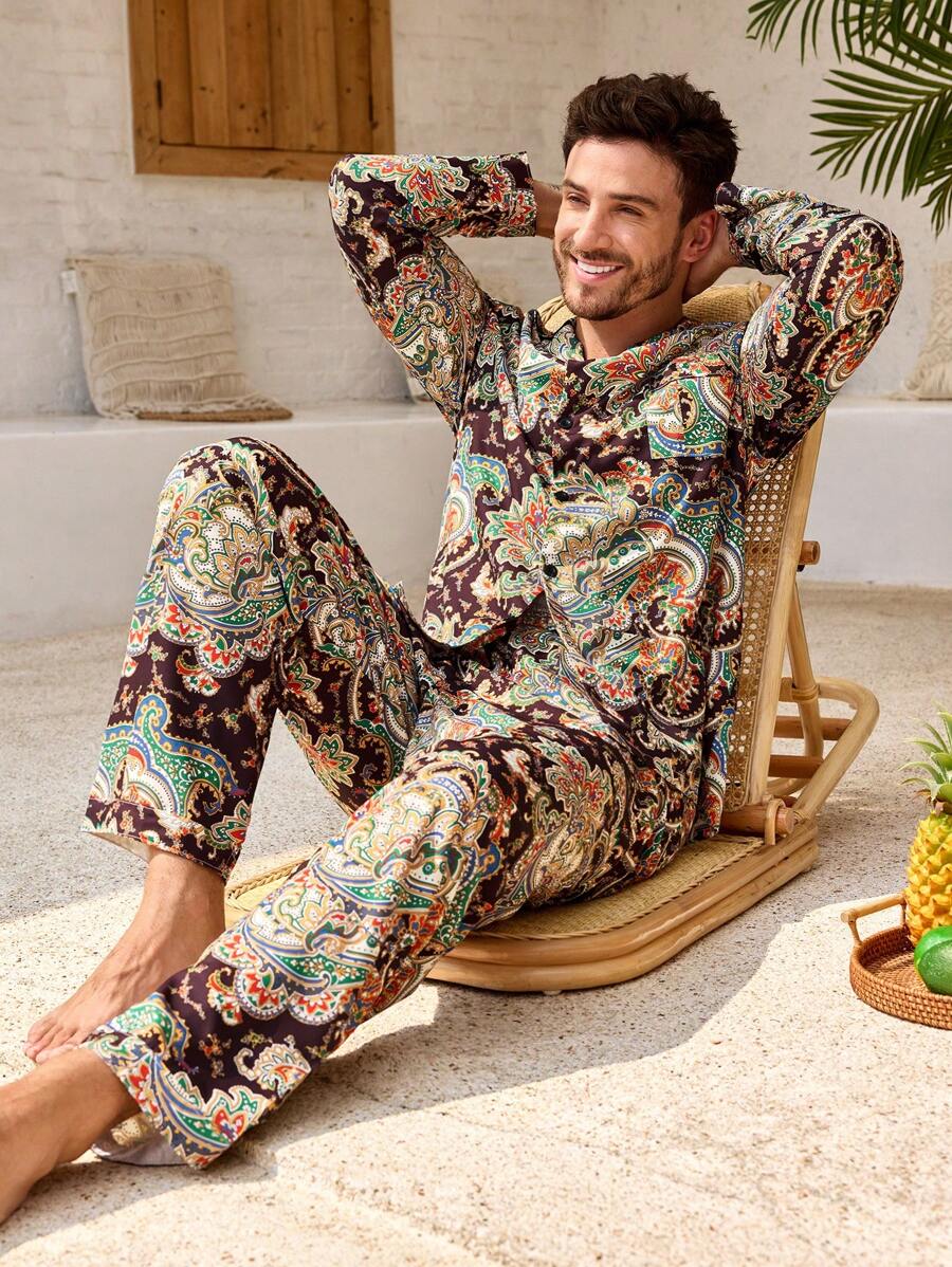 Men's Plant Print Long Sleeve Lapel Neck Single Breasted Top And Pants Pajama Set - Black - View 1