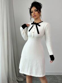 Váy dệt kim cạp cao màu mơ tương phản, cổ nơ đen, tay dài, thu/đông - Nhiều màu - Xem 4