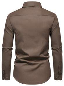 Calvornis Men's Casual Solid Color Long Sleeve Shirt, Spring & Autumn, Brown Dress Shirt Men, Dark Brown Shirt, Men Khaki Shirt, Man Brown Shirt, Men Casual Dress Shirt, For Fall - Coffee Brown - View 2