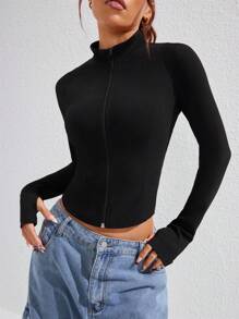 Easithlete Women's Solid Color Front Zipper Long Sleeve Casual Slim Fit Short Sports Jacket - Black - View 3