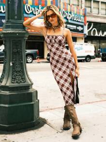 Muchica Coffee-Color Plaid Knit Bodycon Slip Dress For Women - Brown - View 1