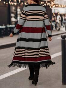 SHEIN LUNE Plus Size Casual Striped Contrast Color Fringe Hem Extra Long Sweater Cardigan, For Winter