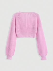 Sweetra 女士时尚百搭蝴蝶结装饰灯笼袖套头毛衣，短款针织套头衫，秋冬季 - 粉色 - 查看 2