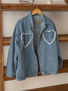 DAZY Women's Front Button Long Sleeve Lace Patchwork Casual Denim Jacket - Light Wash - View 1