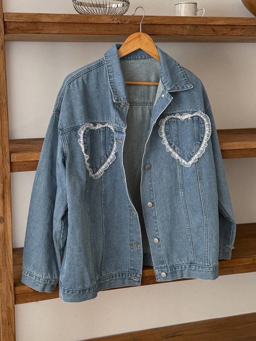 DAZY Women's Front Button Long Sleeve Lace Patchwork Casual Denim Jacket - Light Wash - View 1
