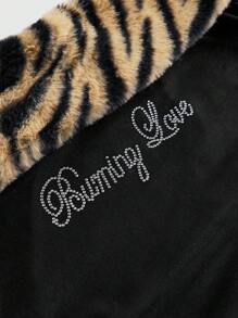 ROMWE Grunge Punk 1 件女式 Gyaru 黑色针织短款上衣，带水钻装饰，斑马条纹印花拼布设计，适合亚文化风格 - 彩色 - 查看 3