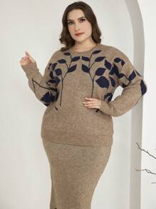 Mulvari Plus Size Women Colorblock Leaf Pattern Crew Neck Long Sleeve Sweater And Knitted Mini Skirt Casual Set 2 Pieces Set - Mocha Brown - View 6
