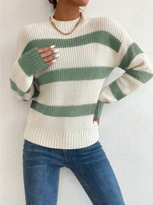 Chiquease 女士条纹高领落肩长袖休闲针织衫，秋冬针织套头衫 - 彩色 - 查看 5