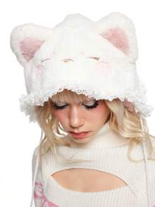 ROMWE Kawaii 1 chiếc mũ len thiết kế tai lông dễ thương có viền ren tua rua cho phụ nữ, mũ mùa đông dày ấm áp có vành tai - Nhiều màu - Xem 3