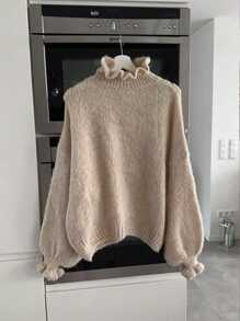 SHEIN Frenchy 女士休闲纯色高领落肩宽松喇叭袖套头毛衣，秋冬 - 杏色 - 查看 7