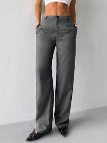 Flirla Pantalones rectos de oficina/trabajo con bolsillos oblicuos de estilo casual para mujer