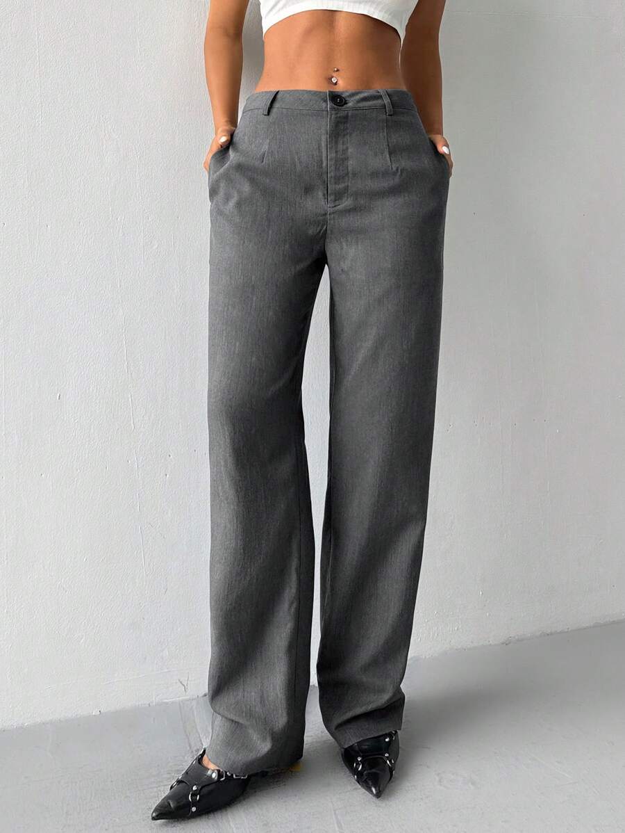 Flirla Pantalones rectos de oficina/trabajo con bolsillos oblicuos de estilo casual para mujer - Gris Oscuro - Ver 1