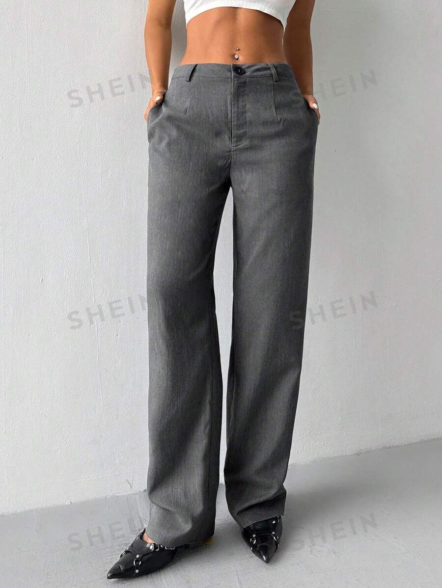 Flirla Pantalones rectos de oficina/trabajo con bolsillos oblicuos de estilo casual para mujer