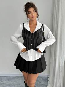 Calvaya 大码女式时尚休闲条纹收腰二合一衬衫 - 彩色 - 查看 4