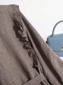 Mulvari Plus Size Casual Solid Color Ruffle Hem Front Zipper Jacket, Autumn - Grey - View 6