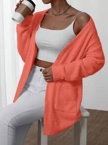 Chiquease 1 pieza Cárdigan de mujer de unicolor de manga larga con bolsillos, blusa casual minimalista - Naranja - Ver 4