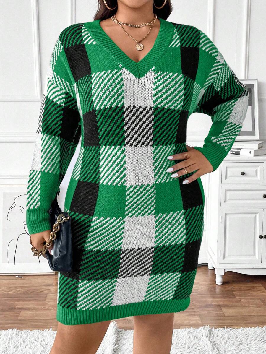 Calvaya 大码女式 V 领格子休闲通勤针织毛衣连衣裙，秋冬 - 彩色 - 查看 1