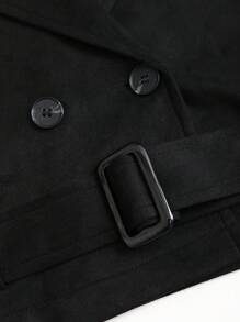 Sweetra Women's Trench Coat, Fall/Winter, European And American Ins Style, With Belt, Long Sleeve, Casual, Elegant, Slim Fit, Versatile, Black, New Design, Short, Windproof, Warm, Classic Faux Suede Material - Black - View 5