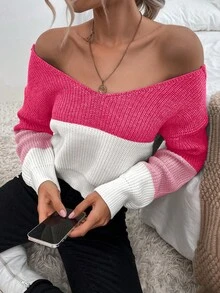 Chiquease 女士休闲优雅拼色扭纹露肩毛衣，秋冬款 - 彩色 - 查看 5