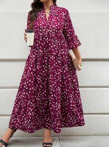 SHEIN LUNE 大码女式全身印花缺口领喇叭袖荷叶边下摆长款优雅连衣裙秋季节日装节日派对连衣裙 - 酒紅色 - 查看 1