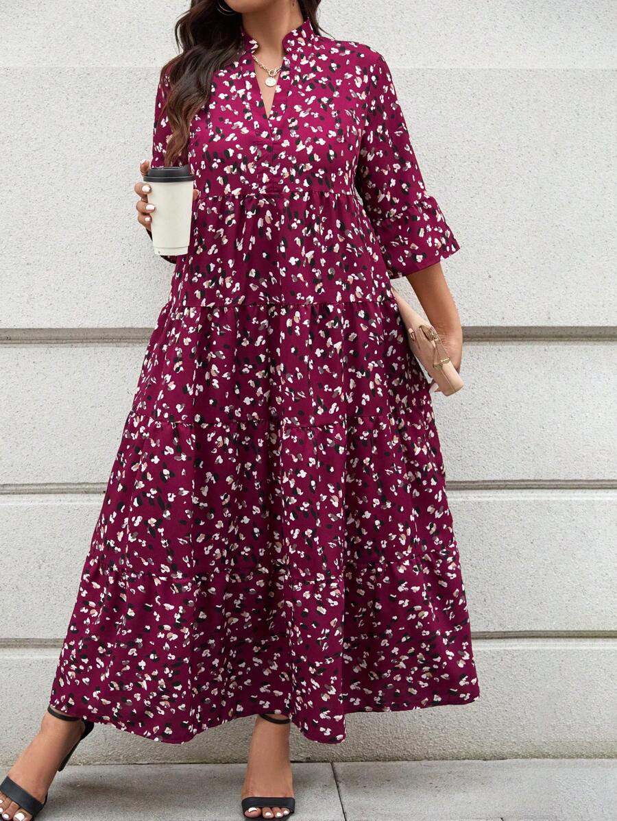 SHEIN LUNE 大码女式全身印花缺口领喇叭袖荷叶边下摆长款优雅连衣裙秋季节日装节日派对连衣裙 - 酒紅色 - 查看 1