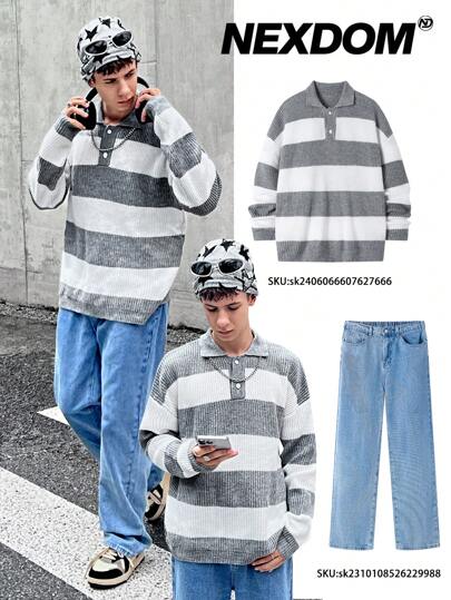 SHEIN 青少年男孩休闲撞色宽松针织套头衫，适合秋季、冬季、保暖、休闲、学校、家居、日常穿着、运动，简约百搭