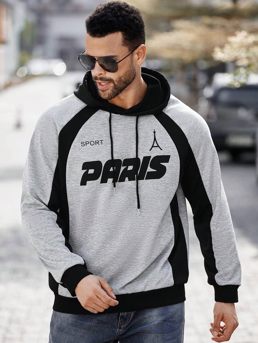 Manfinity Homme Plus Size Men's Solid Color Splice Long Sleeve Letter Print Minimalist Casual Hoodie - Multicolor - View 1